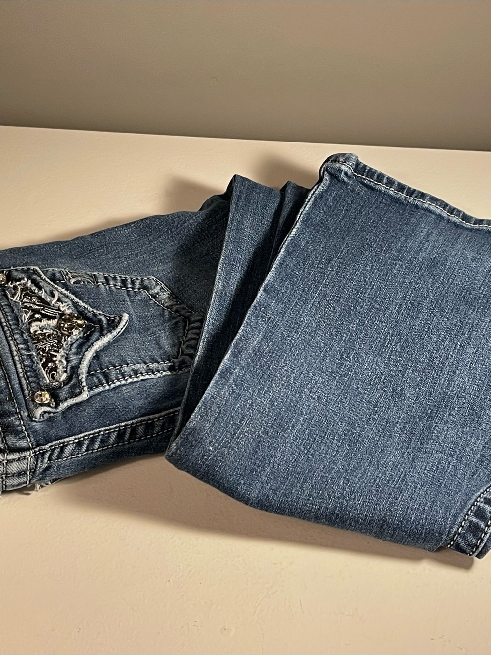 Miss Me Women's Dark Blue Boot Cut Jeans with Embellished Back Pockets